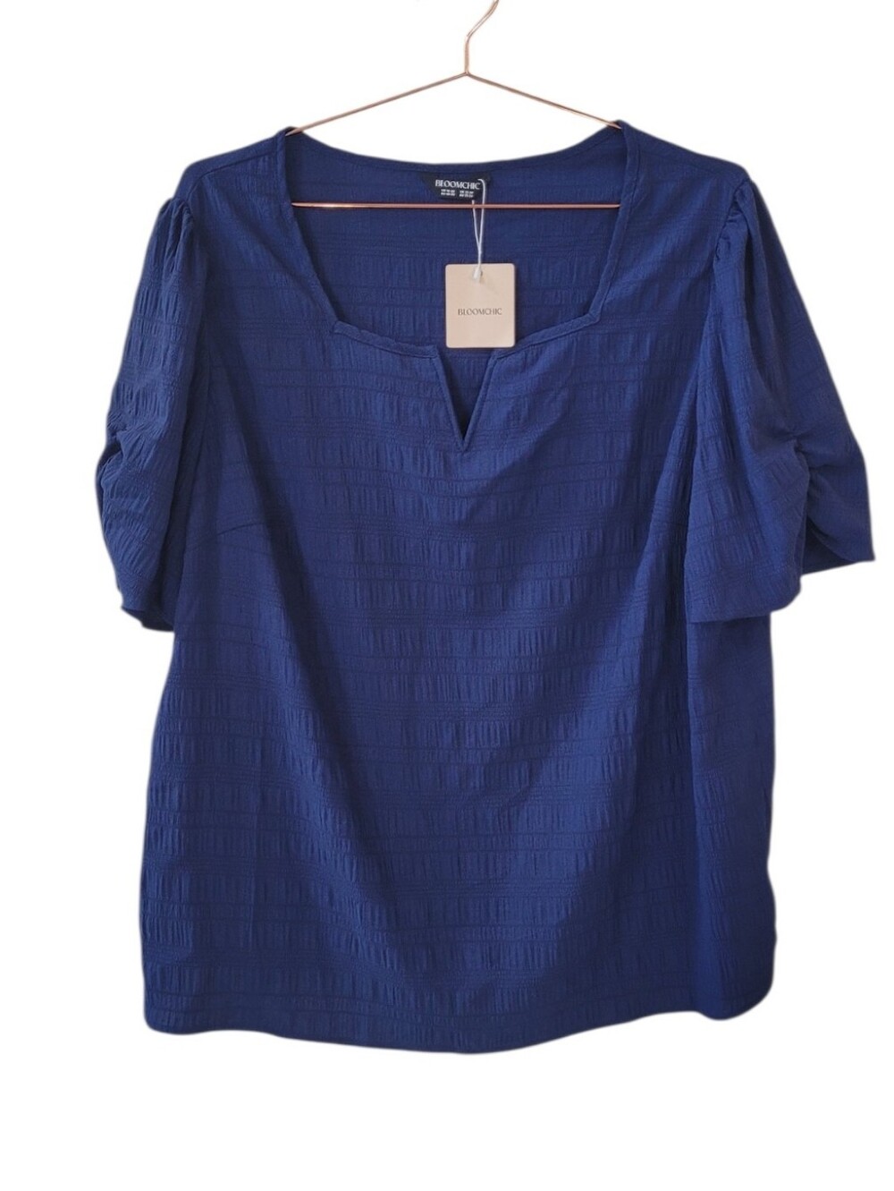 BLOOMCHIC Indigo Textured Gathered Sleeve Split Neck Blouse Top Size US 18-20
